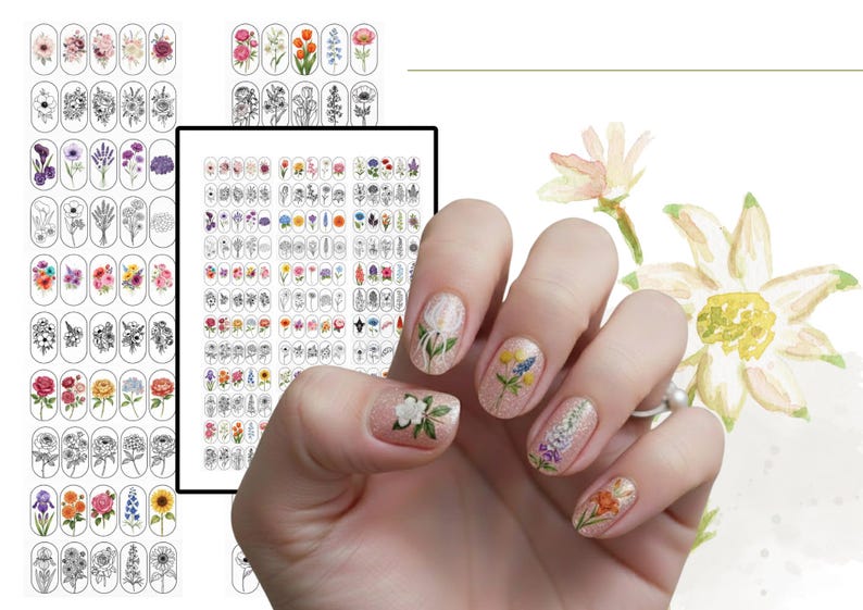 Puede incluir: Una colecci&oacute;n de pegatinas florales para u&ntilde;as con diversos dise&ntilde;os bot&aacute;nicos en color y en blanco y negro. Las pegatinas est&aacute;n dispuestas en cuadr&iacute;culas sobre l&aacute;minas, con motivos florales individuales aplicados sobre las u&ntilde;as.