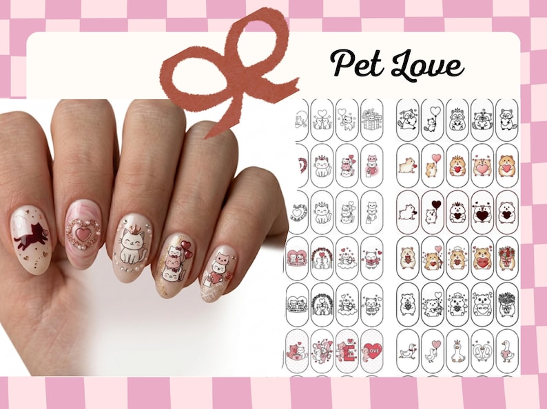 Puede incluir: Una hoja de calcoman&iacute;as para u&ntilde;as con la etiqueta Pet Love que presenta varias ilustraciones peque&ntilde;as de gatos, h&aacute;msteres y otros animales con corazones y globos, junto a u&ntilde;as decoradas con estos mismos dise&ntilde;os en tonos rosa y blanco.