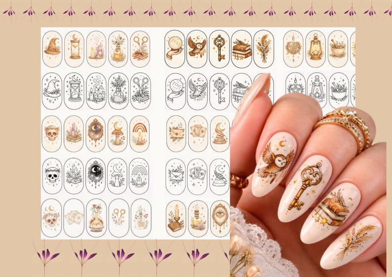 Puede incluir: Una hoja de calcoman&iacute;as para u&ntilde;as con diversas ilustraciones m&iacute;sticas y celestiales, incluyendo b&uacute;hos, llaves, calaveras, cristales, libros y linternas en estilos de arte lineal a color y en blanco y negro, mostradas sobre u&ntilde;as manicuradas.