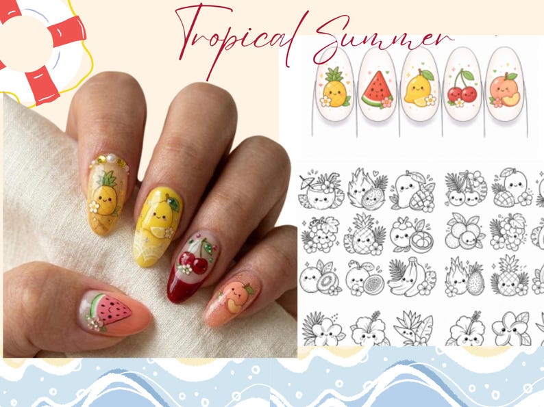 Puede incluir: Calcoman&iacute;as para u&ntilde;as con el texto Tropical Summer, que muestran dise&ntilde;os de frutas coloridas como pi&ntilde;a, sand&iacute;a, lim&oacute;n, cereza y melocot&oacute;n en las u&ntilde;as, junto a una hoja de ilustraciones de frutas y flores en blanco y negro con l&iacute;neas.
