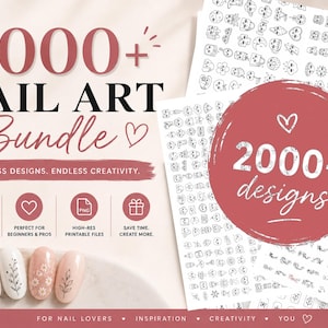 Può includere: Un pacchetto digitale di oltre 2000 disegni per nail art con illustrazioni a linee nere su fogli bianchi. La grafica include il testo 2000+ NAIL ART Bundle, ENDLESS DESIGNS. ENDLESS CREATIVITY. e 2000+ designs all'interno di un cerchio rosso.