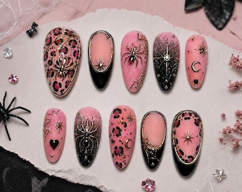 Luipaardprint pers op nagels, handgeschilderd spinnenweb Celestial Nail Art, luxe stilettolijm op nagels met bedels