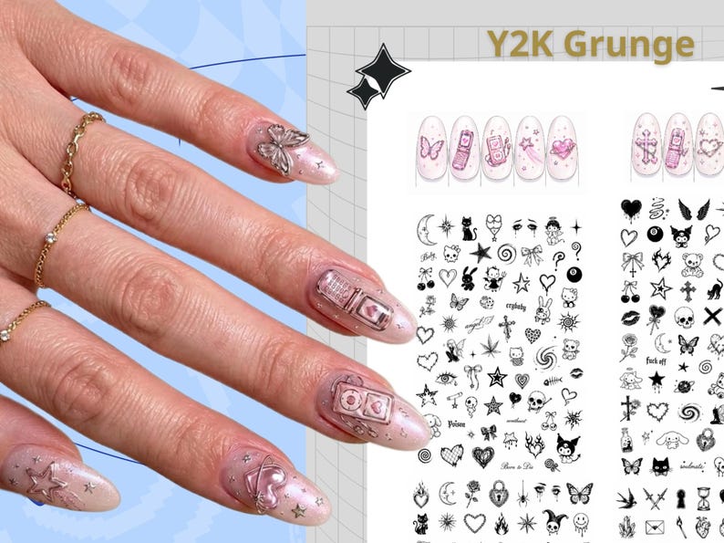 Puede incluir: Un conjunto de pegatinas para u&ntilde;as Y2K Grunge con una variedad de iconos en blanco y negro que incluyen corazones, estrellas, calaveras y personajes, junto a una hoja que muestra dise&ntilde;os de u&ntilde;as en tonos rosa con dijes met&aacute;licos.