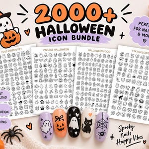 Puede incluir: Una colección digital de más de 2000 iconos de Halloween con cuatro hojas de diseños de arte lineal en blanco y negro. El paquete incluye categorías como Halloween Pet, Vintage Halloween, Halloween Food y Y2K Halloween, con cinco uñas pintadas que muestran motivos de fantasmas, calabazas, gatos y telarañas.