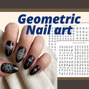May include: Black fingernails decorated with intricate white mandala and floral line art decals. Two rectangular sticker sheets are visible in the background, featuring rows of black mandala, lace, floral, and swirl ornament designs on white paper.
