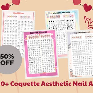 May include: A collection of nail art designs with the text "1000+ Coquette Aesthetic Nail Art" and "50% OFF". The designs include bows, hearts, and other aesthetic elements. The image is decorated with hanging heart-shaped decorations.
