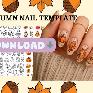May include: An autumn nail template digital file featuring the text AUTUMN NAIL TEMPLATE and a purple DOWNLOAD button. The design includes a grid of black and white seasonal icons like pumpkins, leaves, squirrels, and mushrooms.