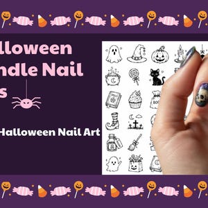 Può includere: Una collezione digitale di oltre 500 icone di nail art di Halloween con disegni al tratto in bianco e nero di fantasmi, zucche, gatti e libri di incantesimi, mostrati accanto a unghie decorate con dettagliati disegni di teschi e ragnatele.