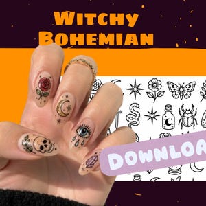 Puede incluir: Calcomanías para uñas con diseños bohemios de brujería que incluyen una rosa, una luna creciente, una calavera, un ojo y un cristal. La imagen muestra el texto WITCHY BOHEMIAN arriba y una banda violeta claro con la palabra DOWNLOAD y una flecha.