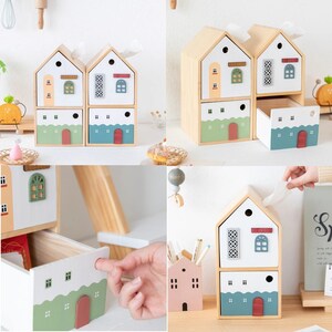 Handmade Wooden Nordic House Shaped Tissue Box Multi-Functional Double Layer Drawer Storage Box Handmade Wooden Cartoon House Ornaments