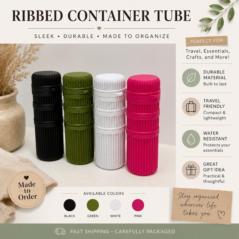 Pode incluir: Quatro tubos de cont&ecirc;iner canelados em preto, verde, branco e rosa. Os cont&ecirc;ineres s&atilde;o cil&iacute;ndricos com um design canelado e tampas de rosca. O texto na imagem diz "Ribbed Container Tube" e "Made to Order."
