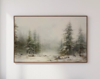 Pintura a óleo rústica de inverno em tons suaves para TV com moldura Samsung.
