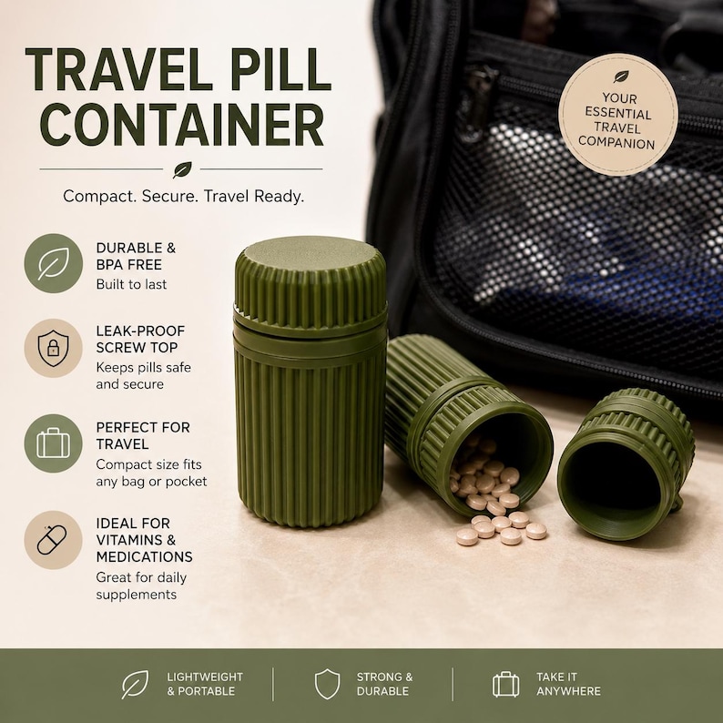 Pode incluir: Recipiente de comprimidos de viagem verde-oliva com tampa de rosca, mostrado com comprimidos a derramar. O recipiente est&aacute; rotulado como "Travel Pill Container" e "Your Essential Travel Companion". O recipiente &eacute; dur&aacute;vel, sem BPA, &agrave; prova de fugas e perfeito para viagens.