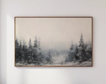 Pintura a óleo vintage de um abeto coberto de neve para TV Samsung Frame.
