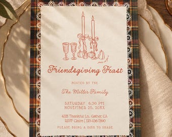 Op de afbeelding: Een rechthoekige uitnodigingskaart met een ruitjesrand en witte kanten afwerking. De tekst luidt Friendsgiving Feast, Hosted by The Miller Family, Saturday 6:30 PM November 20, 20XX, 4321 Thankful Ln, Gather, CA, RSVP Claire | 123-456-7890, Please bring a dish to share.