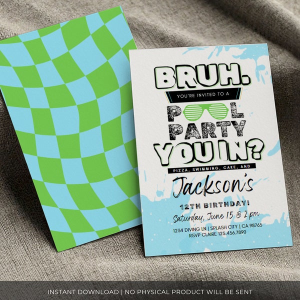 Bruh It's My Birthday Invitation, Bruh Pool Party Invite, Teen Boy Swim Bday, Printable Template, Tween Thank You Favor Tags, Pizza Party