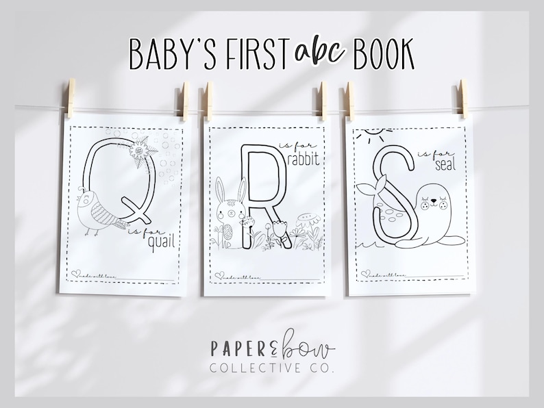 This ABC coloring book for a baby shower is the perfect keepsake craft for the new baby and baby sprinkle game or baby shower activity for your guests. This is a printable PDF that features uppercase letters and animals of the alphabet.
