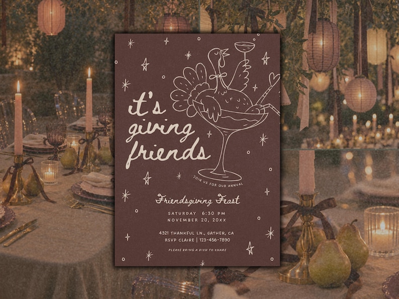 Dark mauve brown Friendsgiving invitation photographed against a rustic outdoor fall dinner party setting with autumn foliage, candlelight, and warm vintage-inspired details. The card features soft pink hand-drawn cocktail glass artwork, whimsical “it's giving friends” lettering, decorative bows, and small stars. This editable Canva Thanksgiving dinner invite has customizable text and colors, making it suitable for a friends fall feast, holiday potluck, or whimsical autumn gathering.
