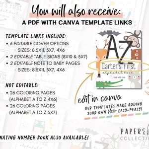 It includes a Canva template with alternate cover options that are customizable. Add the new baby name for a personal touch. This alphabet coloring book is a fun activity for a baby shower or kids birthday party. It can also be flash cards.