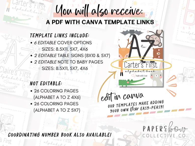 It includes a Canva template with alternate cover options that are customizable. Add the new baby name for a personal touch. This alphabet coloring book is a fun activity for a baby shower or kids birthday party. It can also be flash cards.