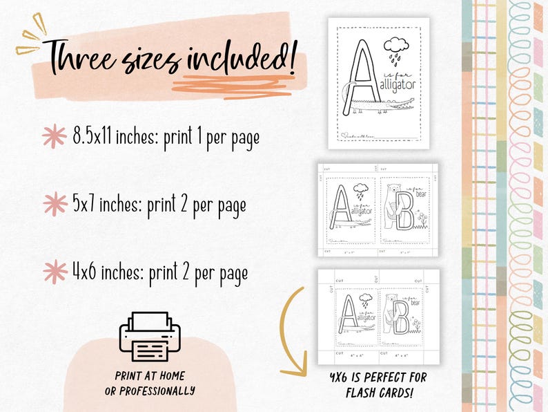 Babys first ABC book comes in three printable sizes that are already formatted for at home printing, simply print and cut along the dotted lines for a baby shower activity  that doubles as a beautiful gift for the mom to be and keepsake for baby.