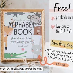 This baby shower coloring book sign is a printable sign for baby's first ABC book. This baby shower guest book alternative coloring book is a perfect keepsake for the baby, whether you are hosting a virtual baby shower or a baby sprinkle.