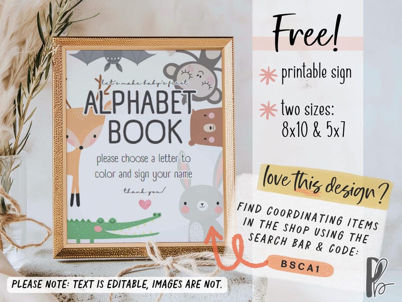 This baby shower coloring book sign is a printable sign for baby's first ABC book. This baby shower guest book alternative coloring book is a perfect keepsake for the baby, whether you are hosting a virtual baby shower or a baby sprinkle.