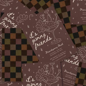 Overhead flat lay of multiple whimsical Friendsgiving invitations arranged with coordinating retro checkerboard cards in shades of brown, blush pink, muted green, and cream. The invitations feature dark mauve backgrounds, soft pink hand-drawn cocktail glasses, decorative bows, stars, and playful “it's giving friends” lettering. This editable Canva Thanksgiving dinner invitation can be customized with different wording and colors for a printable or digital fall party invite.