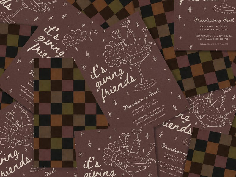 Overhead flat lay of multiple whimsical Friendsgiving invitations arranged with coordinating retro checkerboard cards in shades of brown, blush pink, muted green, and cream. The invitations feature dark mauve backgrounds, soft pink hand-drawn cocktail glasses, decorative bows, stars, and playful “it's giving friends” lettering. This editable Canva Thanksgiving dinner invitation can be customized with different wording and colors for a printable or digital fall party invite.