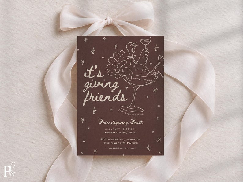 Printable Friendsgiving invitation styled on softly draped ivory fabric with warm natural shadows and a coordinating scalloped cream paper detail. The dark brown card features delicate blush pink line art of a festive cocktail glass with bows, scattered stars, and hand-lettered “it's giving friends” text. This whimsical Thanksgiving dinner invitation combines modern retro styling with a playful fall color palette and is fully editable in Canva, including all invitation wording and colors.