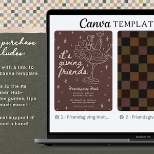 Friendsgiving invitation Canva template displayed on a laptop screen, showing the editable fall party invitation alongside its coordinating multicolor retro checkerboard design. The dark brown and dusty pink “it's giving friends” invitation features hand-drawn cocktail artwork and playful typography. All wording, fonts, and colors can be customized in Canva to create a personalized printable or digital Thanksgiving dinner party invitation.