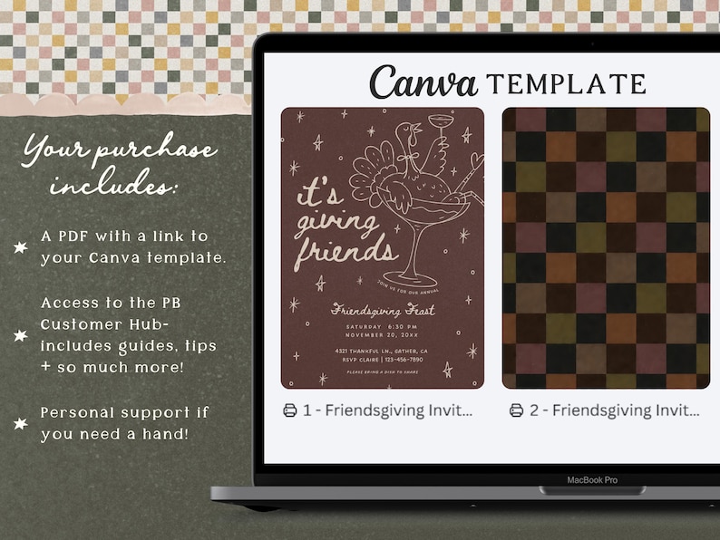 Friendsgiving invitation Canva template displayed on a laptop screen, showing the editable fall party invitation alongside its coordinating multicolor retro checkerboard design. The dark brown and dusty pink “it's giving friends” invitation features hand-drawn cocktail artwork and playful typography. All wording, fonts, and colors can be customized in Canva to create a personalized printable or digital Thanksgiving dinner party invitation.