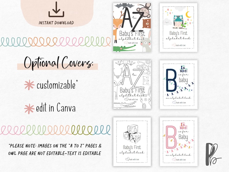 There are six bonus cover options that can be edited and printed to make this a unique baby shower guest book alternative coloring book for a baby boy or baby girl. This Canva template is easy to customize with your free account.