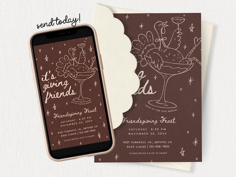 Whimsical Friendsgiving digital invitation displayed on a smartphone beside a matching printed invitation with scalloped cream paper accents. The design features a rich brown background, soft pink hand-drawn cocktail glass, bows, stars, and “it's giving friends” lettering for a playful girls night or Thanksgiving potluck. This editable Canva invitation can be personalized with custom event details and colors, then shared digitally with guests or printed for a fall dinner party.