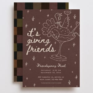 Friendsgiving invitation displayed with its coordinating retro checkerboard background in muted brown, pink, cream, and green. The dark chocolate mauve invitation features pale pink hand-drawn cocktail artwork, stars, decorative bows, and whimsical “it's giving friends” typography with editable dinner party details. This printable Thanksgiving invitation Canva template offers fully customizable colors and text for a modern fall gathering, Friendsgiving potluck, or girls night dinner.