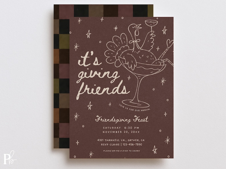 Friendsgiving invitation displayed with its coordinating retro checkerboard background in muted brown, pink, cream, and green. The dark chocolate mauve invitation features pale pink hand-drawn cocktail artwork, stars, decorative bows, and whimsical “it's giving friends” typography with editable dinner party details. This printable Thanksgiving invitation Canva template offers fully customizable colors and text for a modern fall gathering, Friendsgiving potluck, or girls night dinner.
