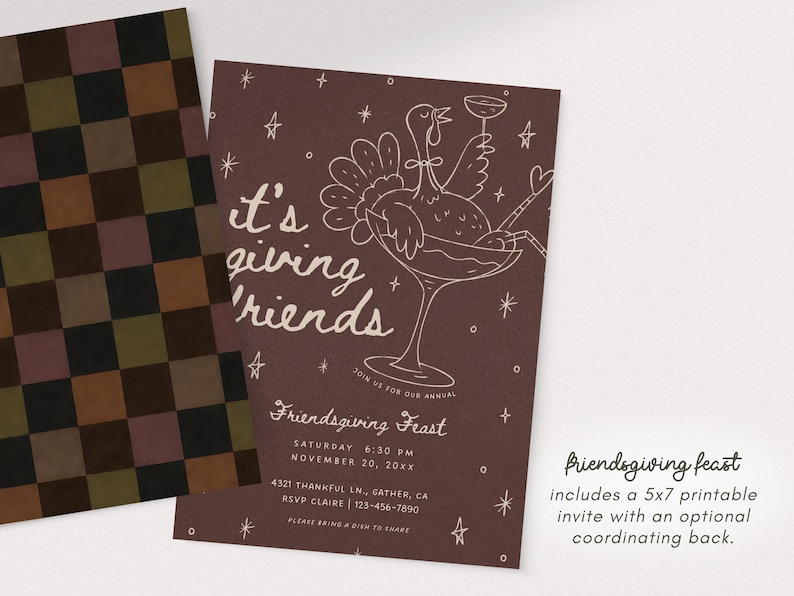 Front and back of a whimsical Friendsgiving dinner invitation featuring a deep mauve brown background, pale pink hand-drawn martini glass filled with bows and festive details, playful “it's giving friends” lettering, and scattered stars. A coordinating retro checkerboard pattern in brown, blush, cream, and muted green appears on the reverse. This printable and digital Thanksgiving party invitation is an editable Canva template with fully customizable wording and colors.