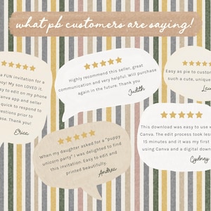 Customer review graphic featuring multiple five-star Etsy buyer reviews and written feedback about Paper & Bow digital templates. The neutral testimonial slide shows examples of customer comments about their purchases and experience using the shop’s editable products, with star ratings displayed beside each review.
