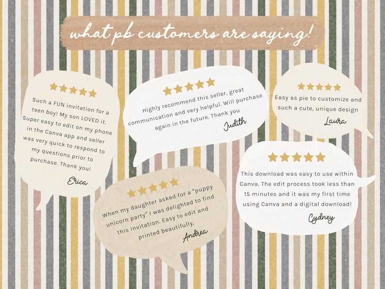 Customer review graphic featuring multiple five-star Etsy buyer reviews and written feedback about Paper & Bow digital templates. The neutral testimonial slide shows examples of customer comments about their purchases and experience using the shop’s editable products, with star ratings displayed beside each review.