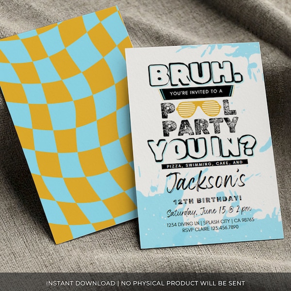Bruh Pool Invite, Boy Swim Party Invitation, Teenager BDAY, Bruh It's My Birthday Digital Download, Canva Printable Template, Favor Tag