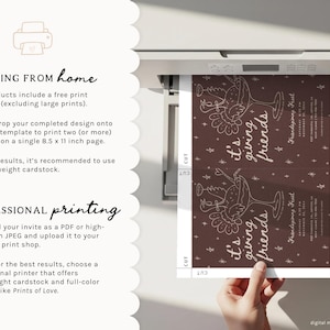 Printed Friendsgiving invitation held in a woman's hand against a softly blurred outdoor fall dinner party setting. The dark mauve brown invitation features pale pink hand-drawn cocktail artwork, scattered stars, whimsical lettering reading “it's giving friends,” and personalized Thanksgiving dinner details. This modern retro Friendsgiving party invite has a playful hand-illustrated style and can be edited in Canva with customizable text and colors before printing or sharing digitally.