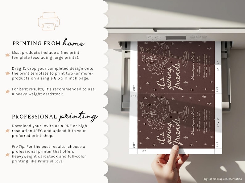 Printed Friendsgiving invitation held in a woman's hand against a softly blurred outdoor fall dinner party setting. The dark mauve brown invitation features pale pink hand-drawn cocktail artwork, scattered stars, whimsical lettering reading “it's giving friends,” and personalized Thanksgiving dinner details. This modern retro Friendsgiving party invite has a playful hand-illustrated style and can be edited in Canva with customizable text and colors before printing or sharing digitally.