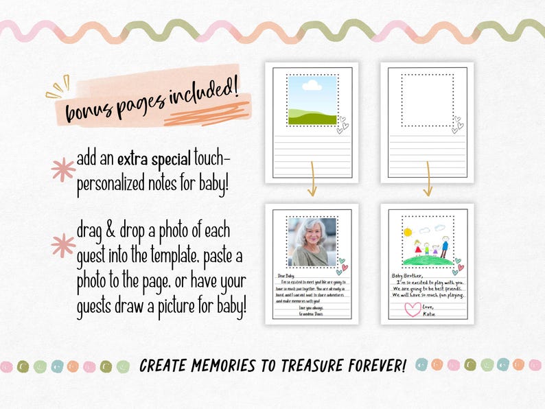 This ABC coloring book includes bonus pages for guests to write a note to the baby and add a photo or drawing. Turn a printable coloring page into a memorable keepsake craft for baby. This alphabet book is a beautiful gift for boys or girls.