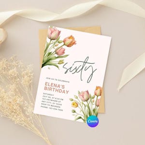 Floral 60th Birthday Invitation, Elegant Editable Digital Invite, Printable Birthday Invitation for Her, Spring Theme Digital Download
