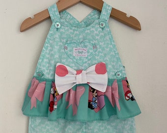 Upcycled VTG DISNEY Inspired Infant Romper Overalls/ Sz 9 mos. / Minnie Mouse / Pink Mint/ Polka Bow Apparel/ Sustainable / Ready to Ship