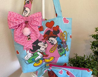 Vintage Disney Minnie Mouse Quilted Bed Sheet Tote Bag Pouch / Sailor Bow / Handmade