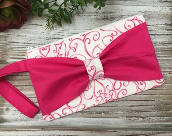 WRISTLET CLUTCH PURSE // Breast Cancer Awareness  // Pink Ribbons Words of Hope w/ Bow / Lined Stabilized Zipper // Quality // Ready To Ship