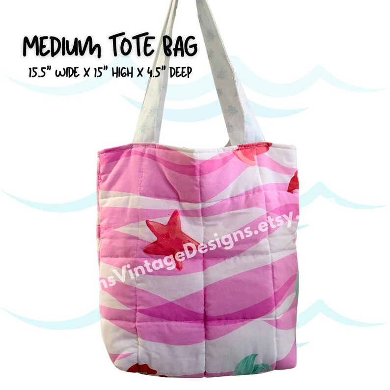 May include: A medium tote bag with a pink and white wavy pattern, featuring red starfish accents. The bag is 15.5 inches wide, 15 inches high, and 4.5 inches deep. The bag has white handles and the text "MEDIUM TOTE BAG".
