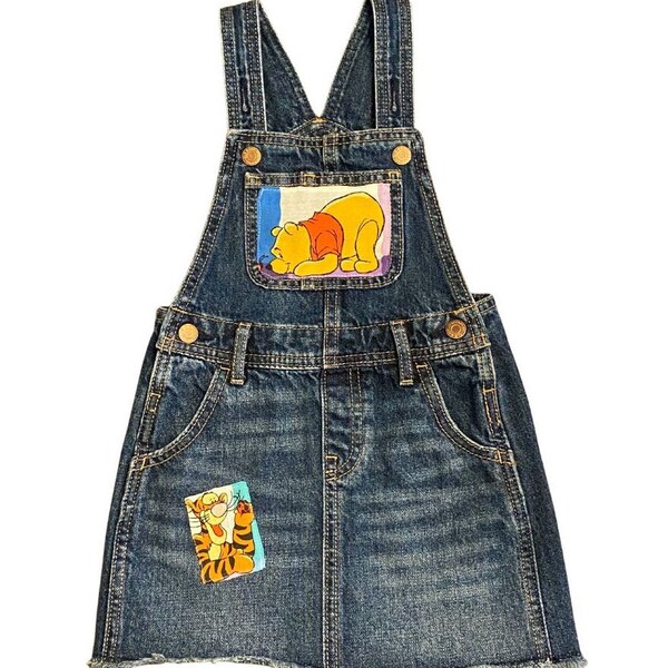 Upcycled Girls Denim Overalls Dress DISNEY Inspired / 3T / Pooh Tigger Bed Sheet / Theme Park Clothing Dark Wash Jeans/ Ready to Ship