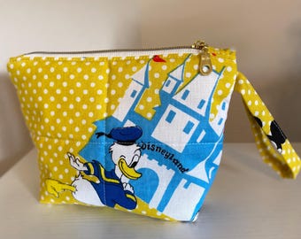 Vintage Disney Disneyland Donald Quilted Bed Sheet Zippered Pouch Bag / Handmade